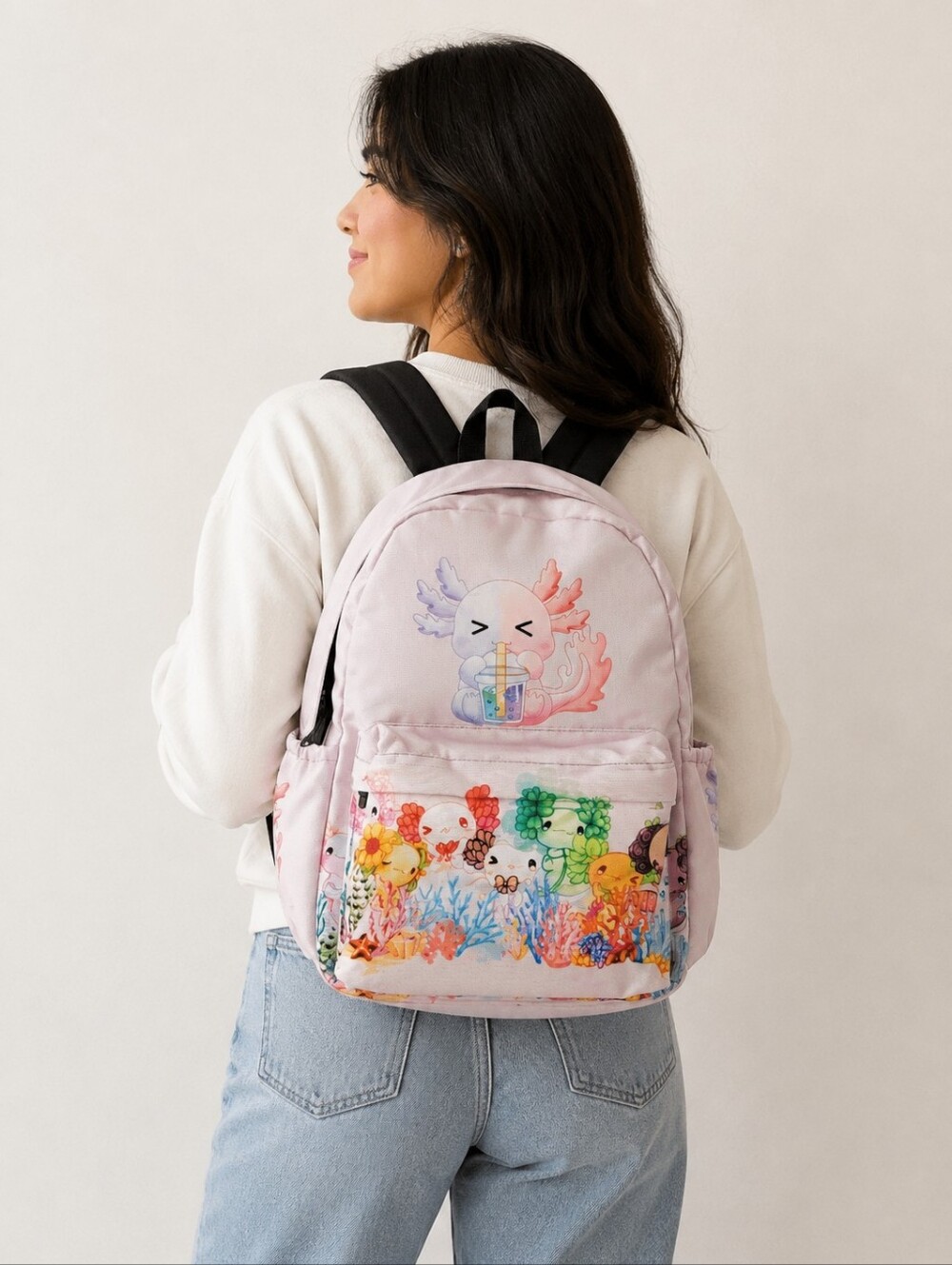 Anime Axolot Graphic Print Backpack Boba Unisex School Whimsigoth EUC Cosplay